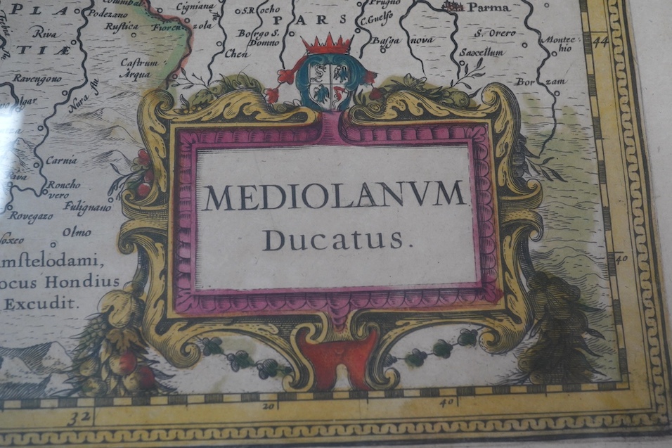 Enrico Hondius, hand coloured map of Milan, Mediolanum Ducatus, details verso, 40 x 53cm